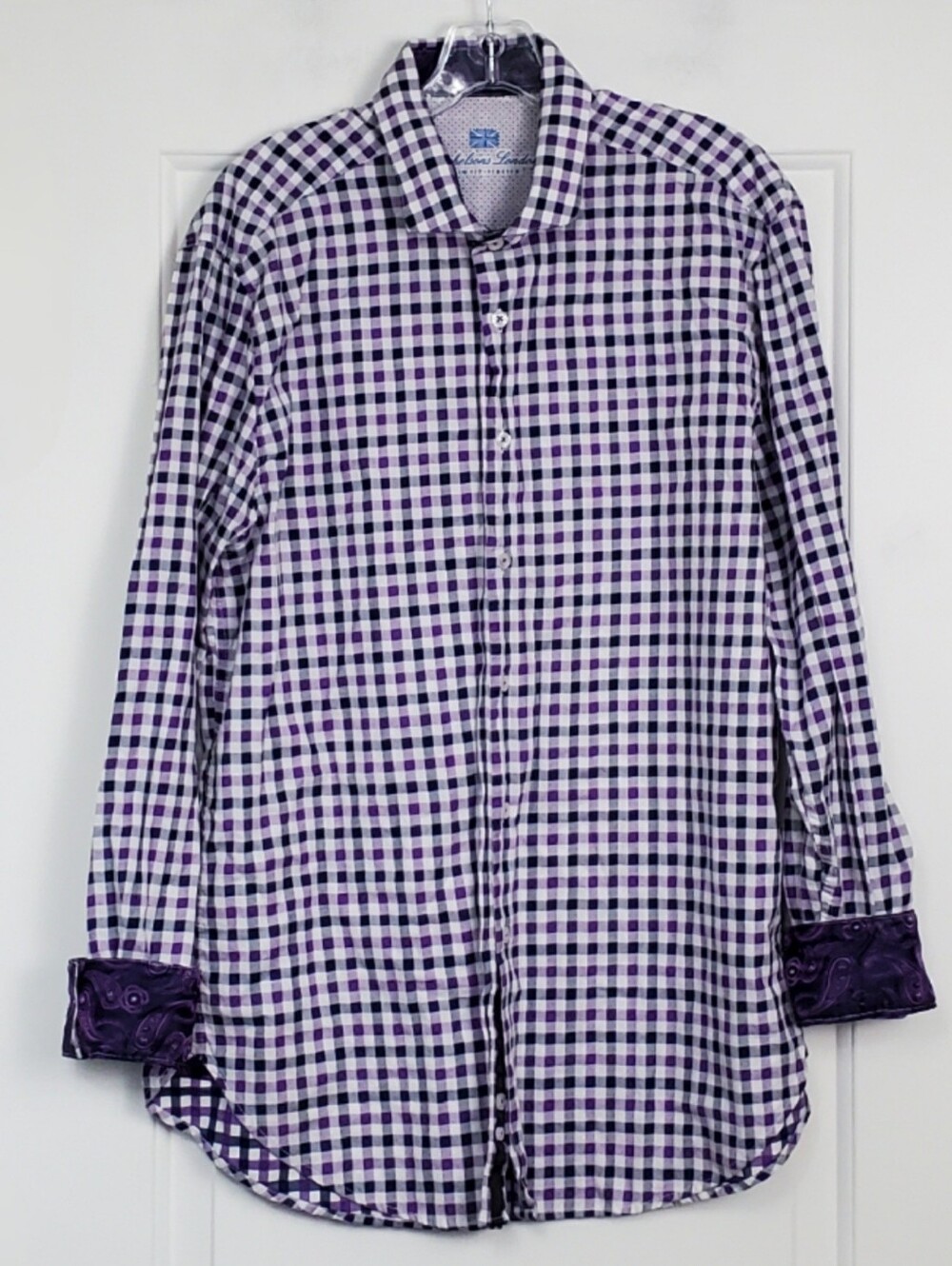 Michelsons London Mens Fancy Cuff Slim-Fit  Stretch Check Paisley Shirt - Size L